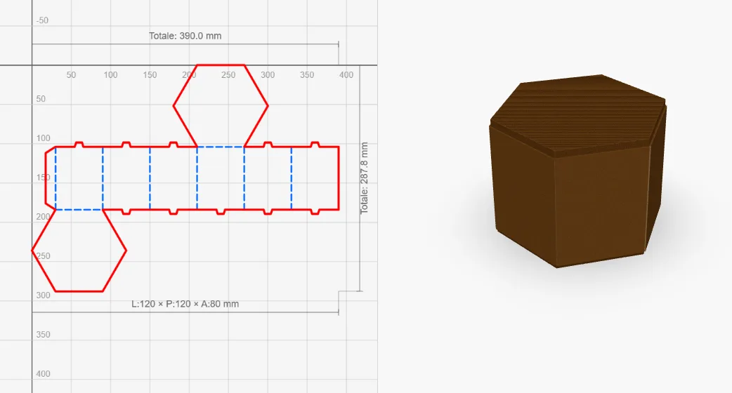 Dieline 2D e anteprima 3D nell'editor