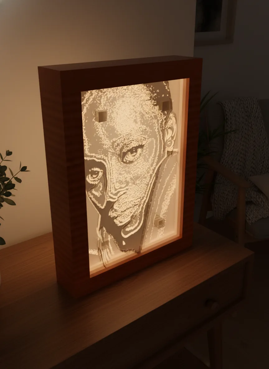 Shadow-box a strati appeso a parete, retroilluminato