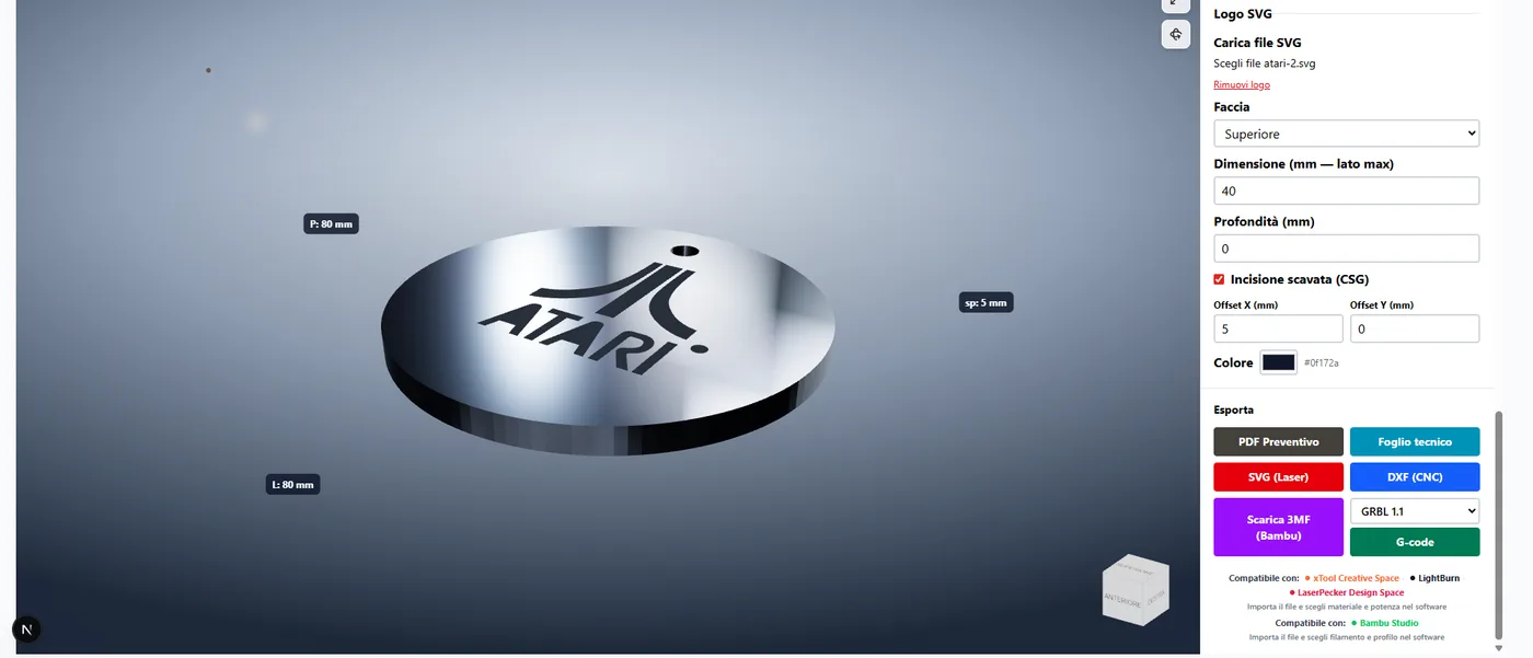 Targa in acciaio nell'editor 3D