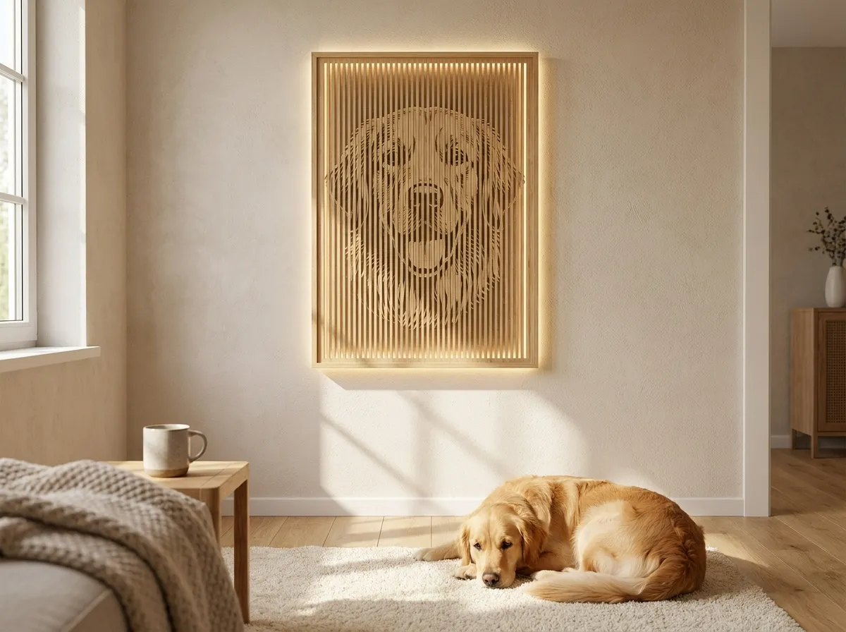 Ritratto di un cane a lamelle appeso a parete