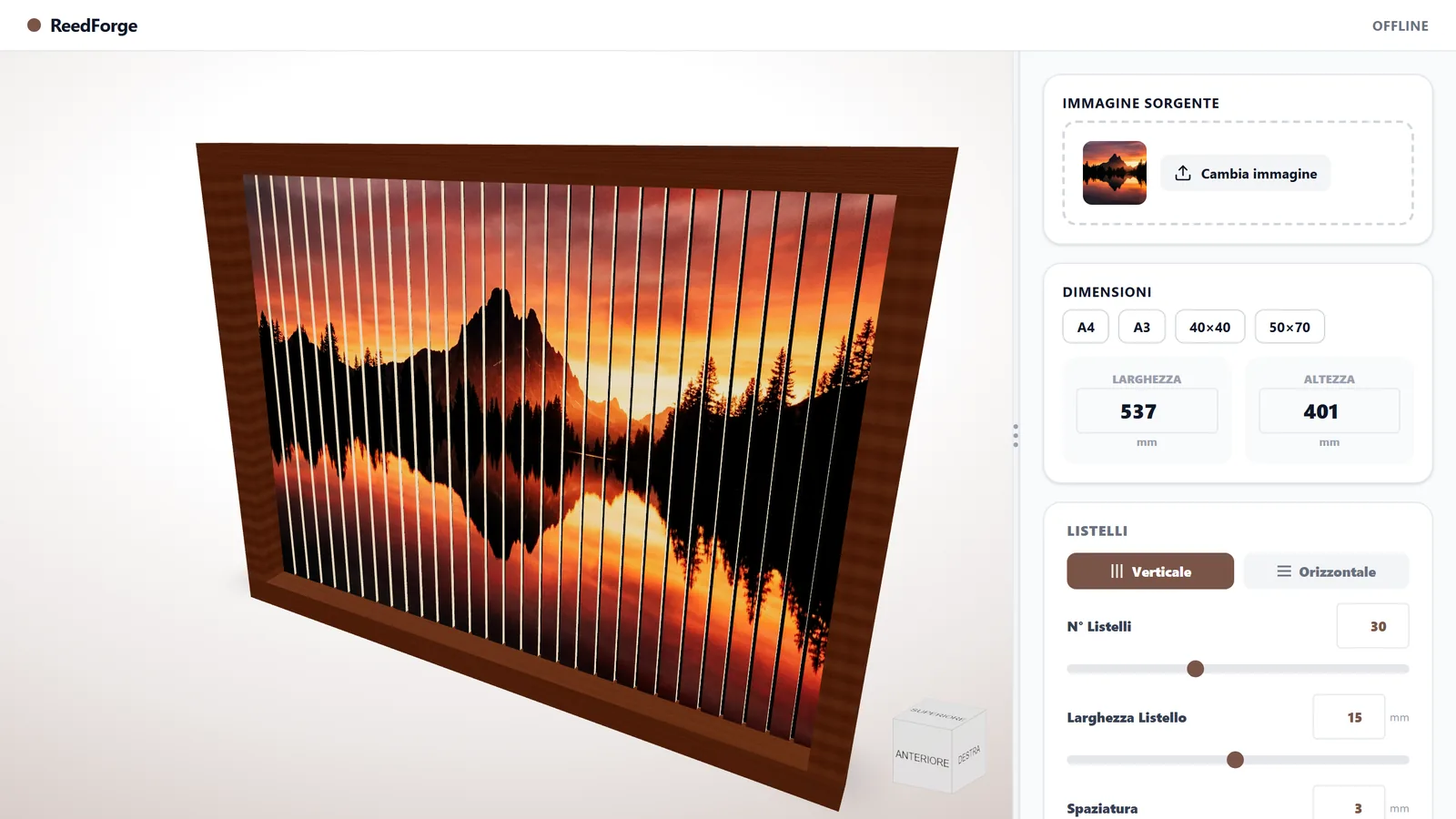 Editor ReedForge: immagine sorgente, dimensioni e listelli